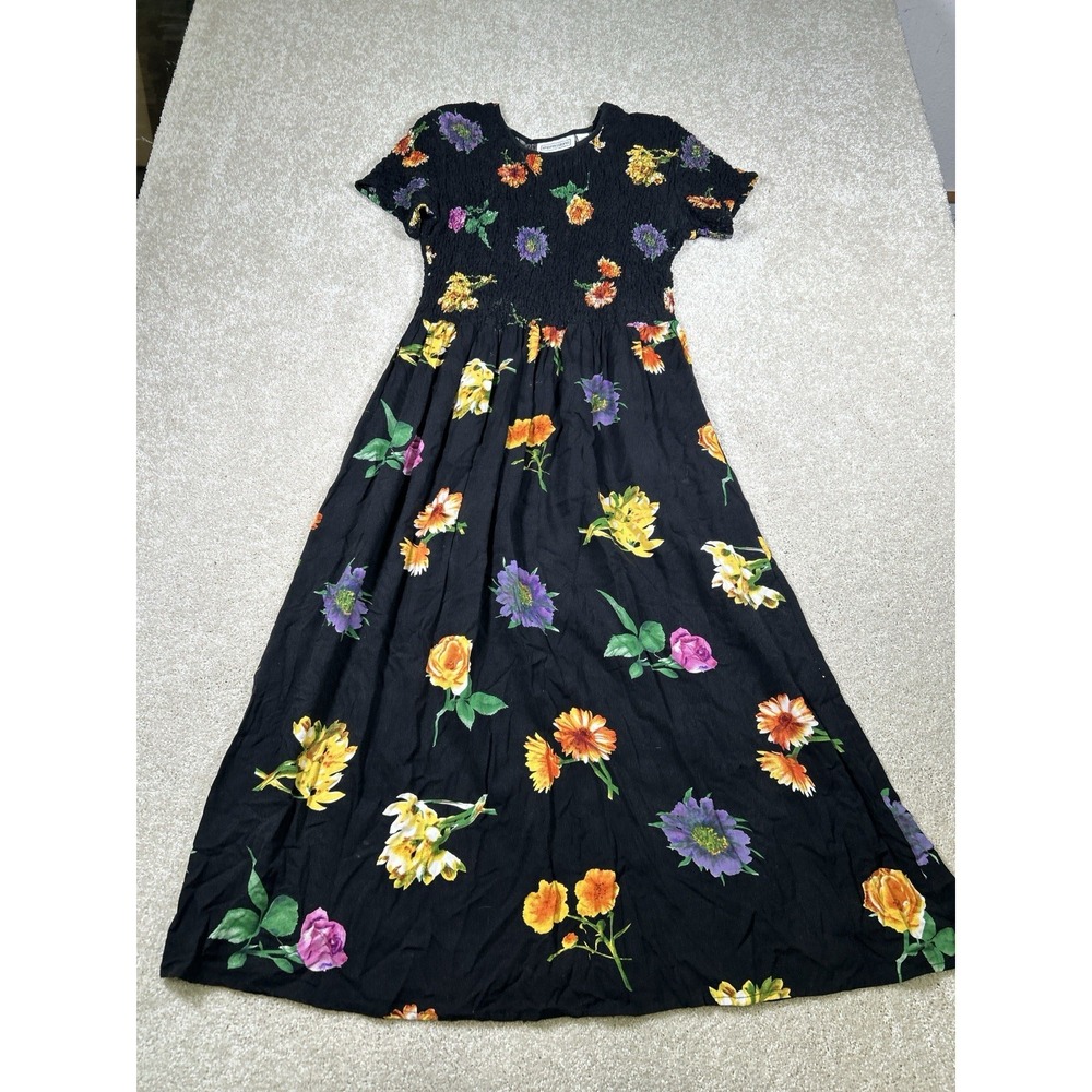 Impressions Womens Size 8 Black Dress Smocked Fairy Milkmaid Whimsigoth Flowers